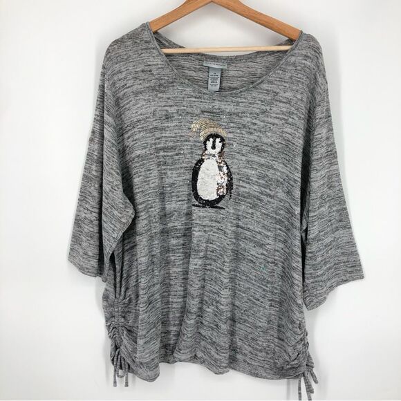 Catherines Shirt Womens 2X Penguin Sequins Gray Marl Ruched Tie Sides 3/4 Sleeve - Picture 1 of 10